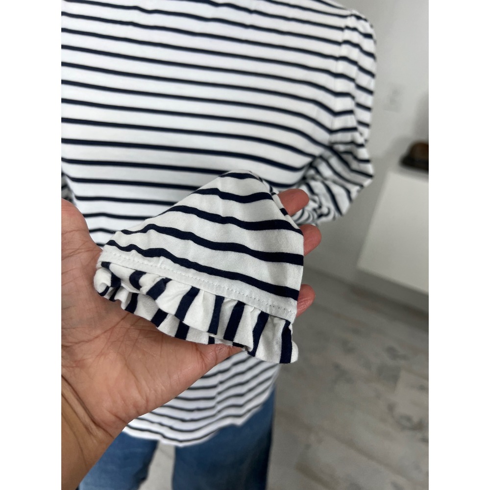 BODEN Navy Striped Long Sleeve Tee Ruffled Collar and Cuffs 100% Cotton - Picture 3 of 7